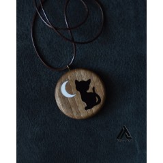 گردنبند چوبی و رزینی طرح گربه و ماه